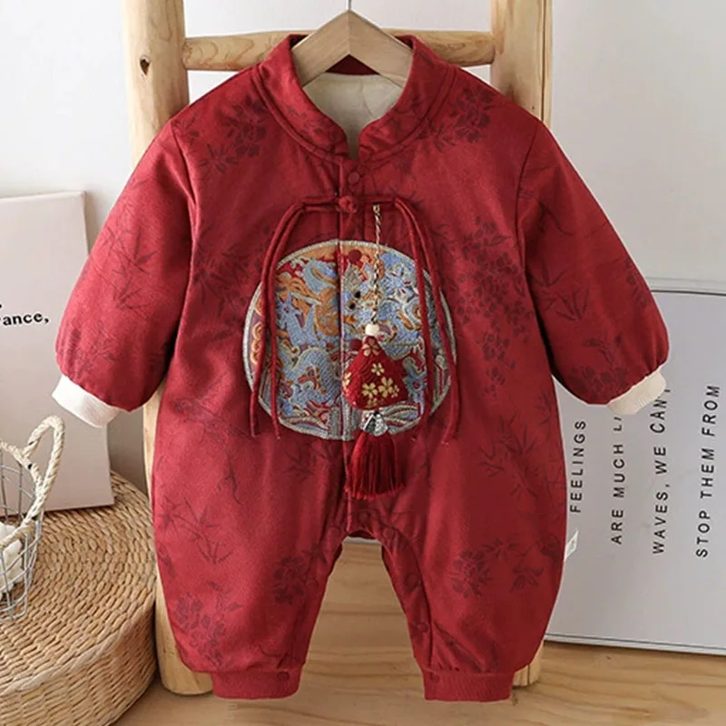 

Winter Romper Infant Boy Clothes Baby Chinese New Year Outfit Embroidery Print Warm Thick Red Jumpsuits Newborn Photography B193