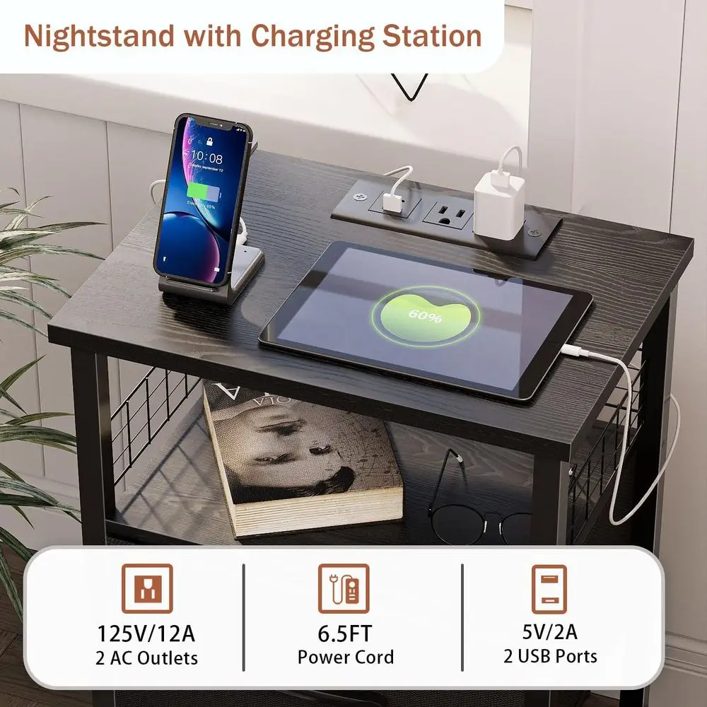 충전 스테이션이 포함된 블랙 침실 나이트스탠드 세트, LED 조명 엔드 테이블, 패브릭 서랍 및 USB 포트