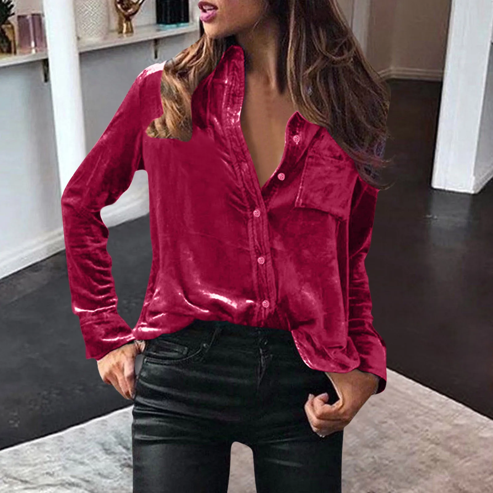 Women'S Gold Velvet Shirts Stylish Solid Color Long Sleeve Blouse Lapel Button Front Pocket Top Blouses Spring Casual Daily Wear