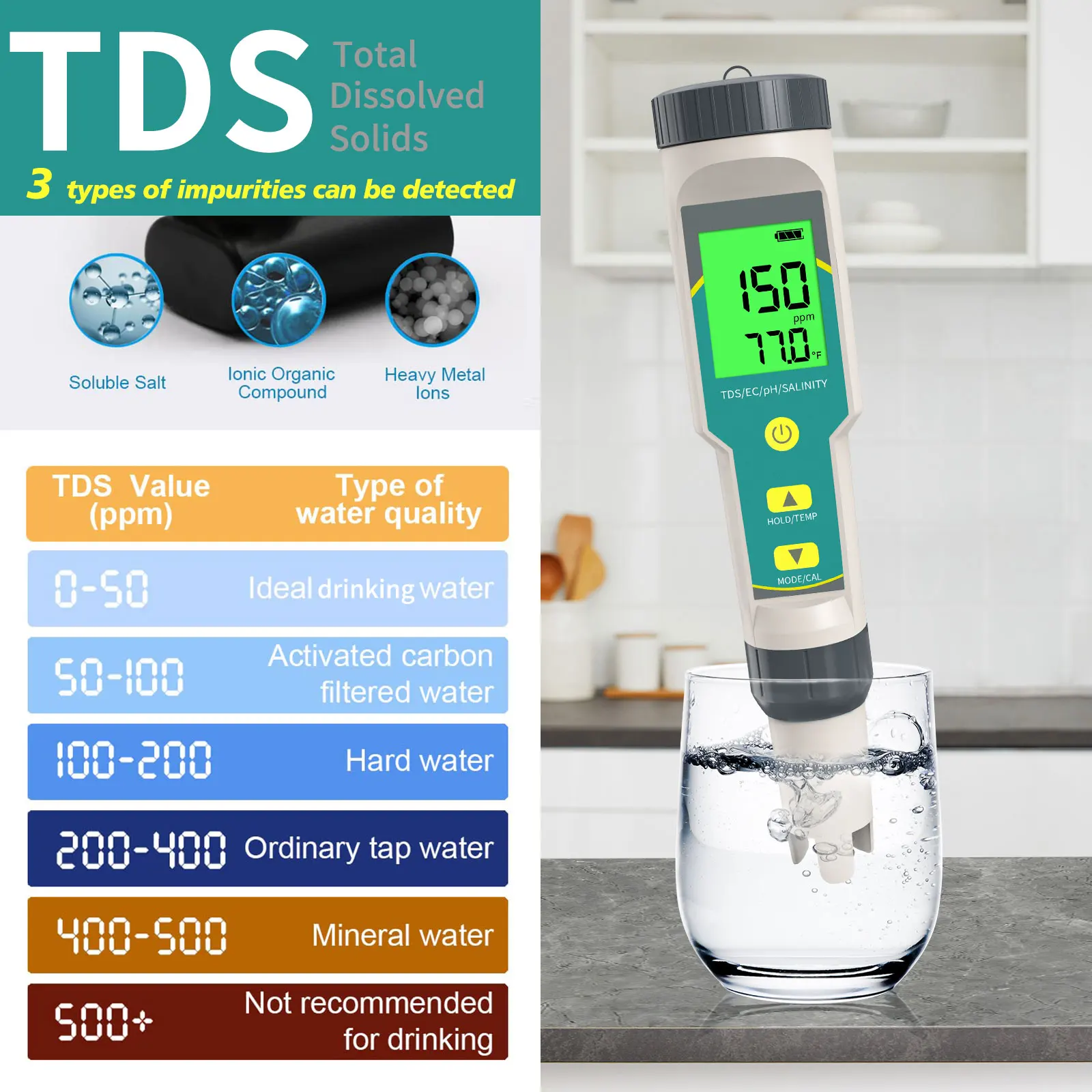 Testador de ph multifuncional, ph/ec/tds/salinidade/medidor de temperatura, testador de qualidade da água para aquário, água potável, piscina hidropônica