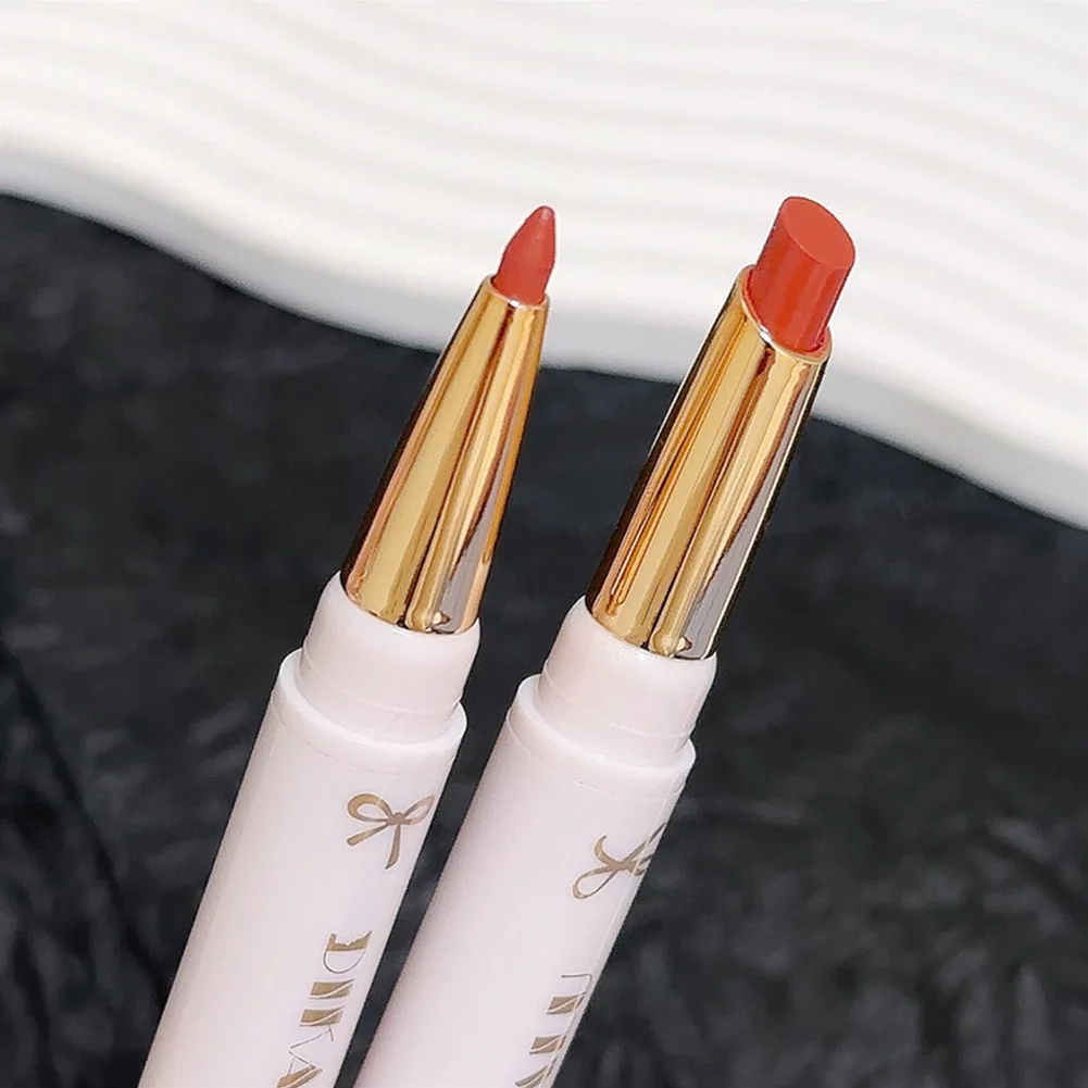 Portable Retractable Dual End Lip Liner Cute Bow Decoration Waterproof Matte Lipstick Liner Sweatproof Lip Makeup Supplies