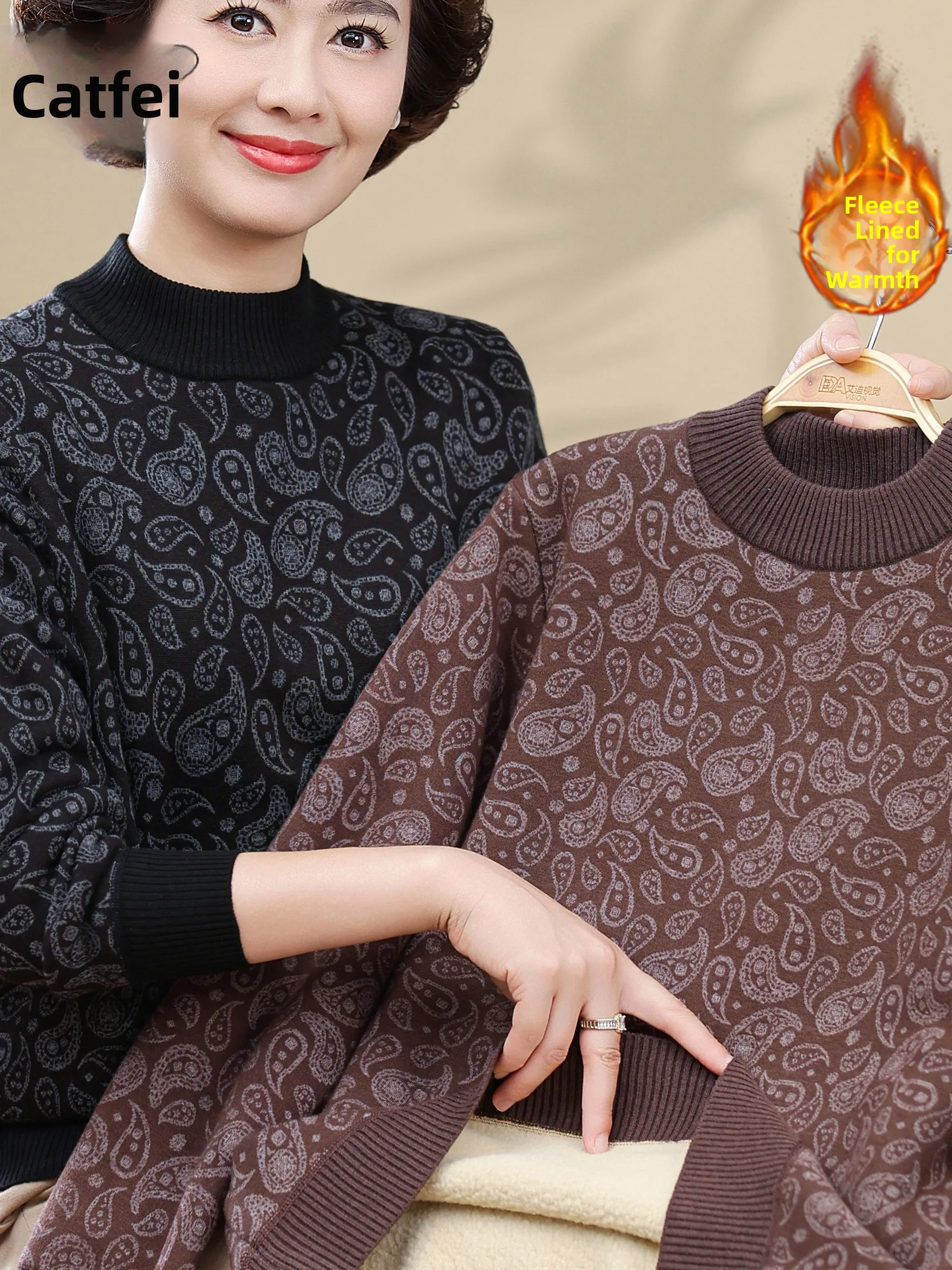 

Thiened Fce Lined f High Collar Printed Thermal Base irt Top for Middle Aged And ly Women Faionable Mommy St...