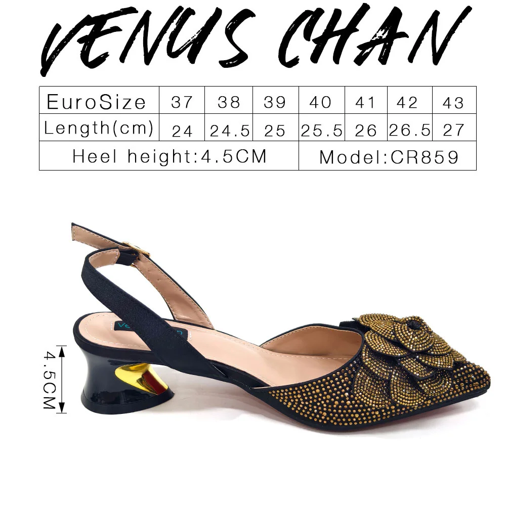 Venus Chan Buty dla kobiet Szpiczasty nosek Duży kwiat Ozdoba Rhinestone Niski obcas Włoski design Czarny kolor Buty i torby Zestaw