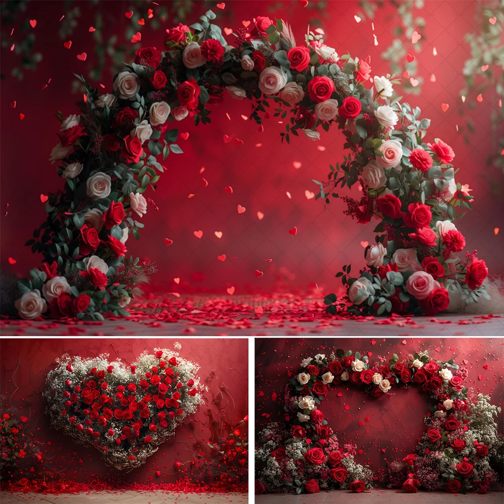 

Valentine's Day Love Heart Red Rose Flowers Arch Backdrops Wedding Bridal Shower Portrait Photography Background Photo Studio