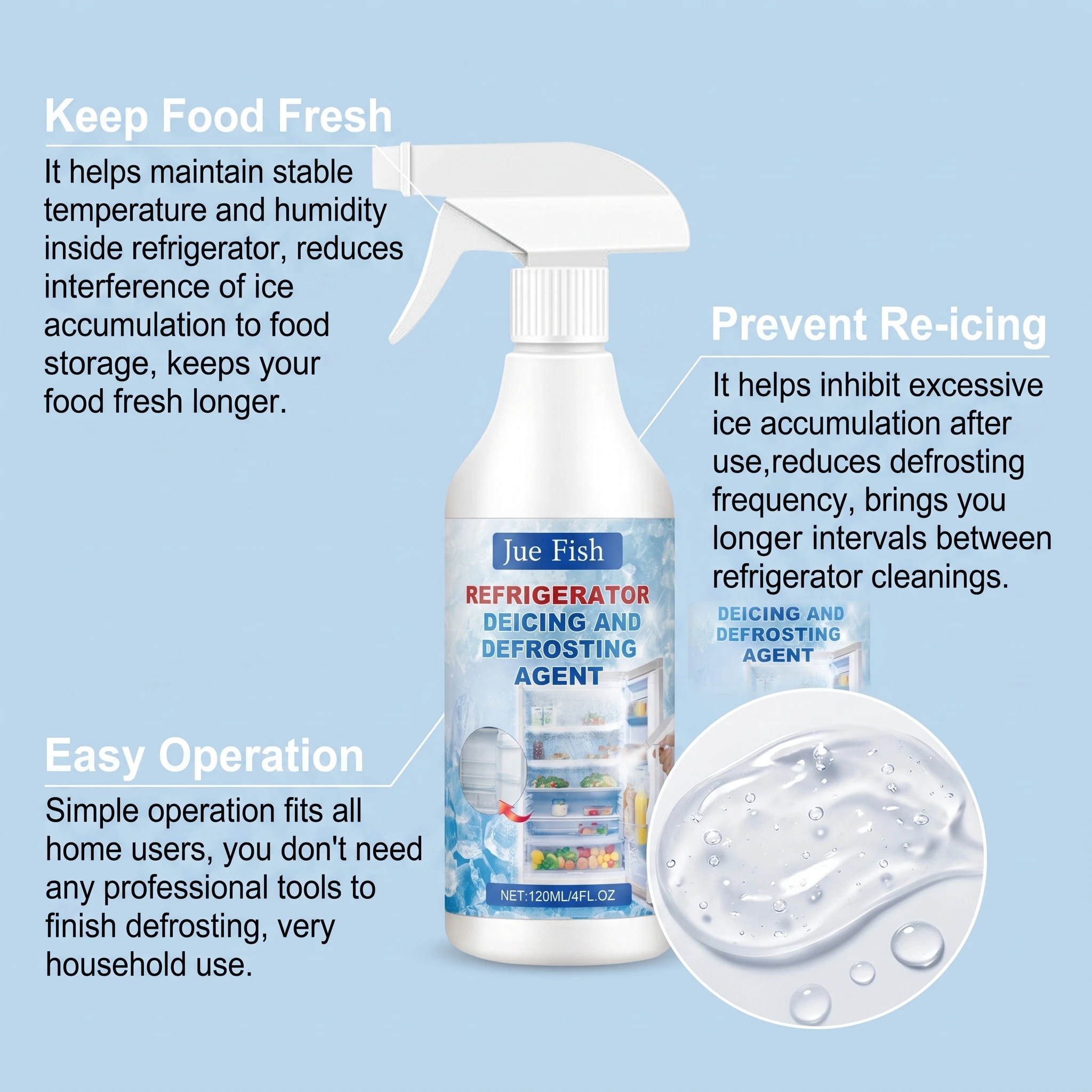Refrigerator Defrost Spray Ice Remover Fast De-Icer for Freezer Fridge Frost Removal Anti-Icing Kitchen Cleaning Tool