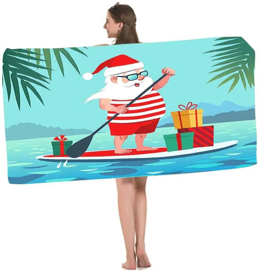 Cute Santa Claus Beach Towel Paddle Board with Gifts Against Tropical Ocean Cartoon Soft Highly Absorbent Christmas Bath Towels