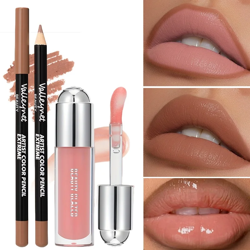 Set di 2 lucidalabbra e matite per labbra, olio per labbra con bellezza a lunga durata, lucidalabbra opaco, rossetto opaco, set di matite per labbra quotidiano