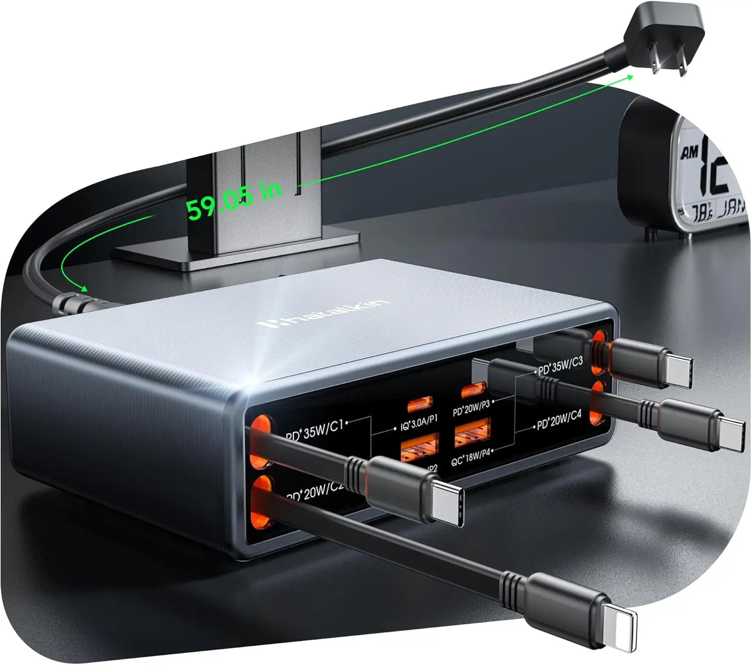 

Многофункциональная зарядная станция 8-в-1 с быстрой зарядкой GaN USB-C мощностью 105 Вт и 4 выдвижными кабелями для iPhone, Galaxy, iPad
