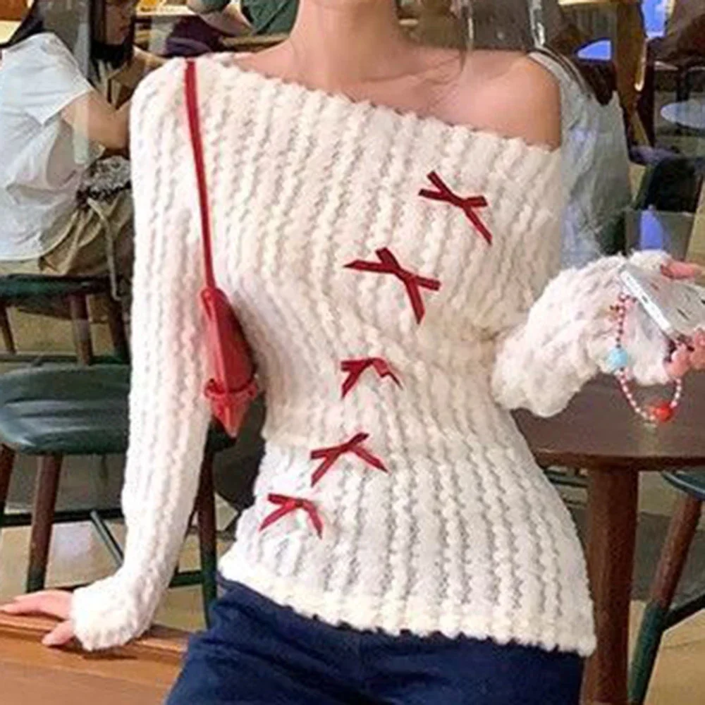 

Spicy Girl 2024 Autumn New Solid Color Long Sleeve Bow One Shoulder Slim Knitted Women's Top kawaii clothes