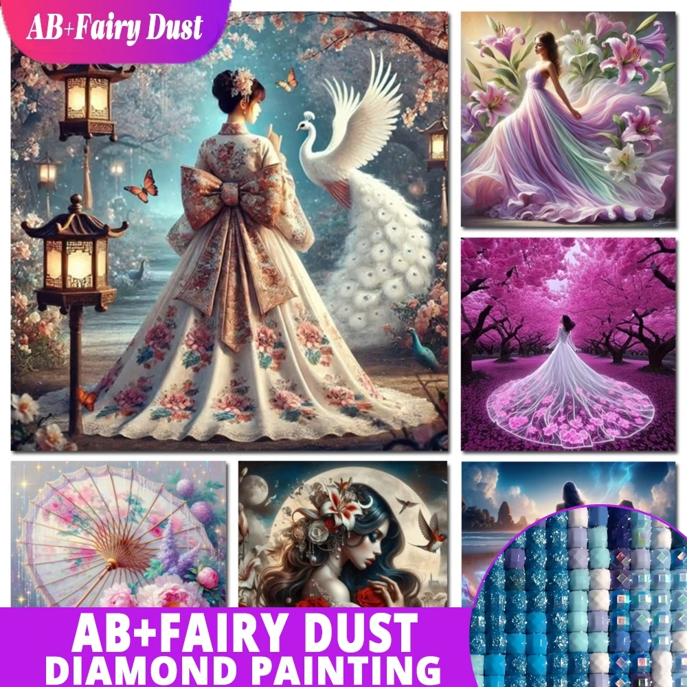 

AB Fairy Dust 5d Diy Алмазная картина 2025 Женщина в длинной юбке Алмазная мозаика Домашний декор Сакура Лили Цветы Настенное искусство Подарок