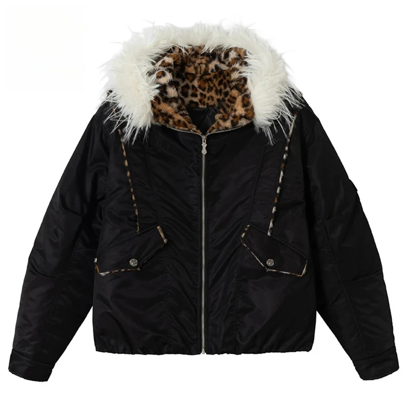 جواكت شتوية الرجال رشاقته الدافئة سترات معاطف الفراء طوق مبطن السترات ليوبارد المرقعة جاكت مزود بغطاء للرأس أبلى للرجل