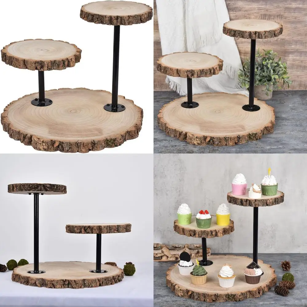 

14-Inch Round 3-Tier Natural Wooden Cake Stand for Rustic Country Weddings and Birthday Parties
