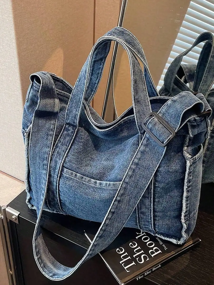 

1pc Blue Minimalist Large Capacity Shoulder Tote Bag For Women, Suitable For Travel, Vacation, Fits Laptop, Books, Clothes , Blu