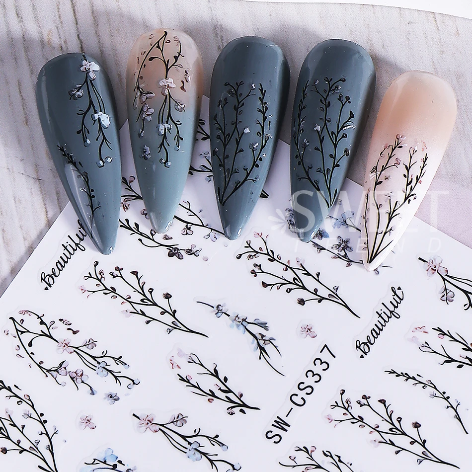 2 قطع زهرة أنيقة مسمار الفن ملصقات الرجعية بتلات ورقة الكرمة تصميم لاصق مسمار الشارات المتزلجون DIY الربيع مانيكير الديكور #6