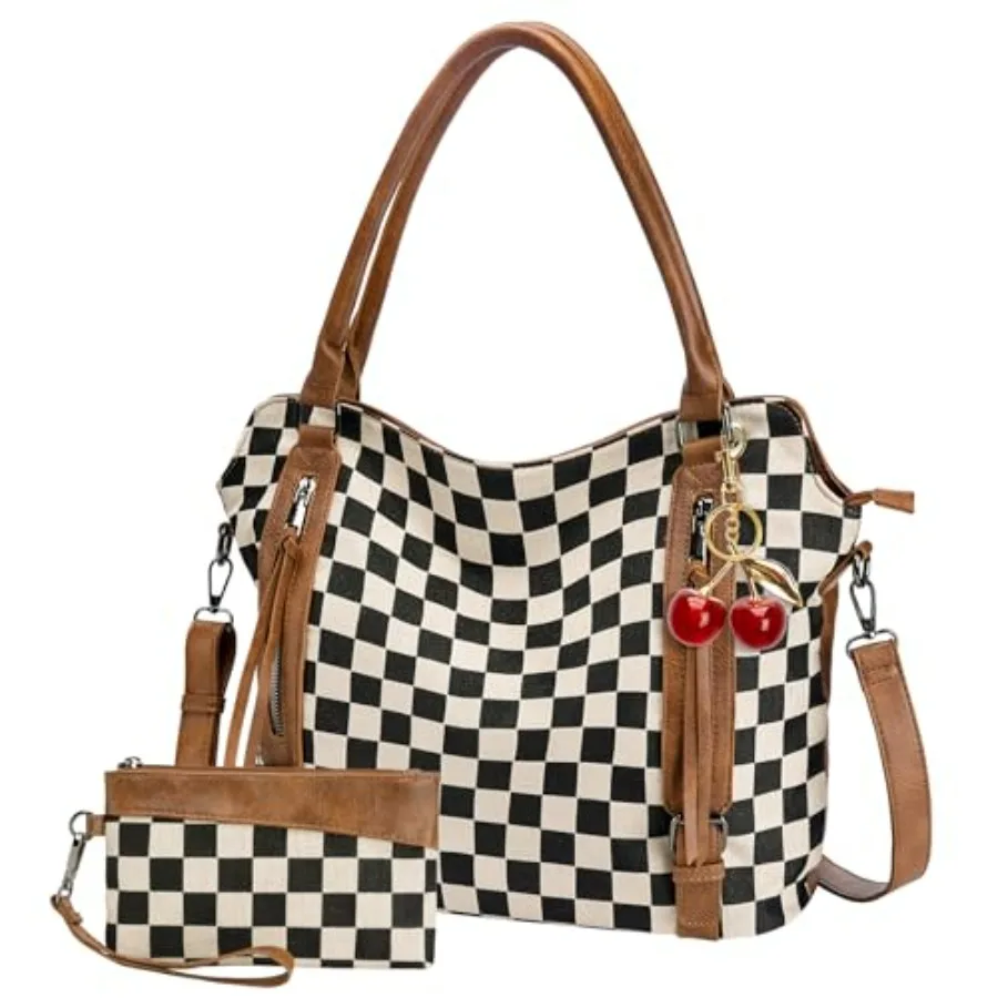 

Checkered Crossbody Bag, Brown Checkered Purse, Large Capacity Shoulder Bag, Handbag with Wallet and Cherry Charm