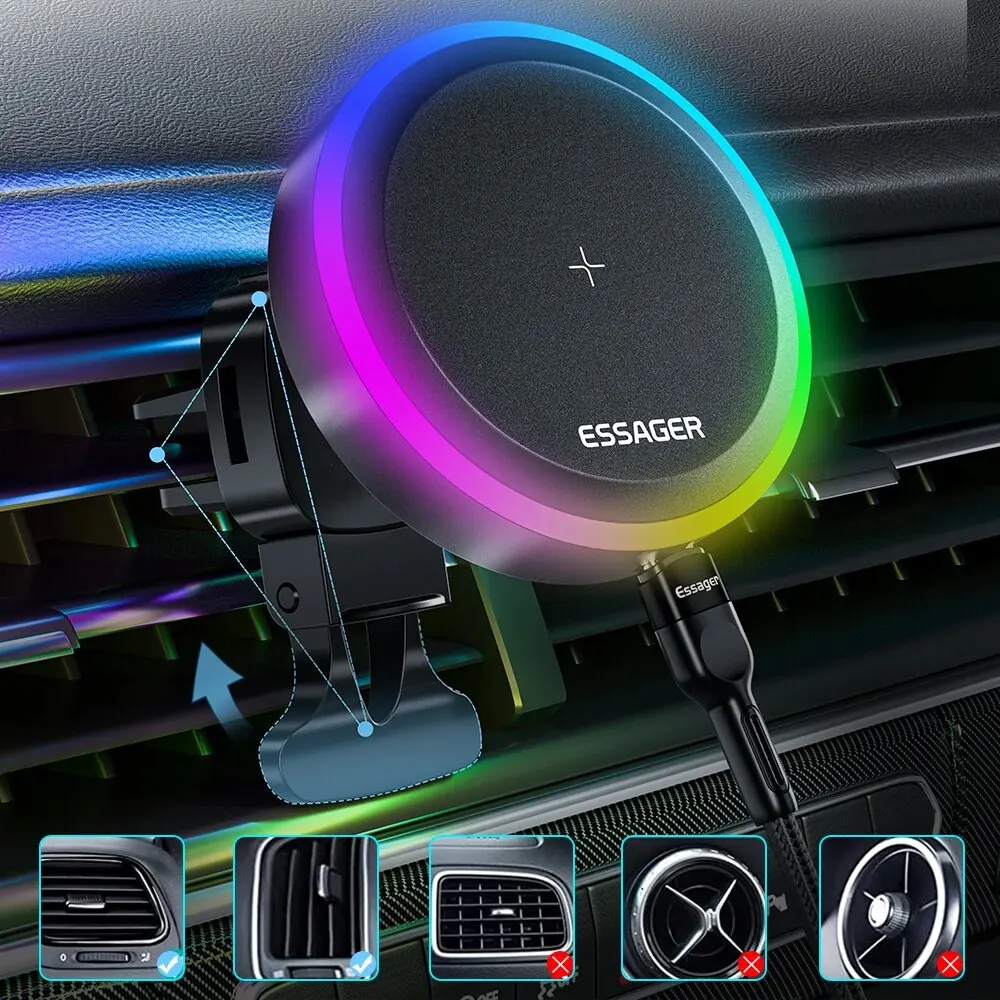 Essager RGB Magnetic Car Phone Holder Qi 15W Wireless Charger Car For iPhone 14 13 Pro Max Samsung Phone Holder Stand