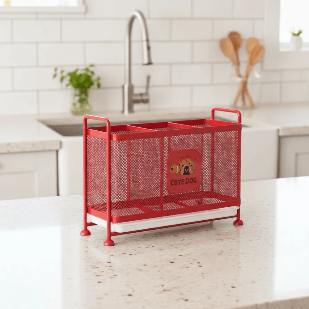 Carbon Steel Cutlery Drain Rack with Drip Tray Separated Chopstick Storage Box Well-ventilated Red