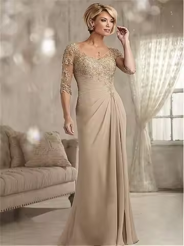 Customized Elegant Champagne Chiffon Half Sleeves Mother Of The Bride Dresses Lace Prom Dress Beaded Groom Mother Evening Dress