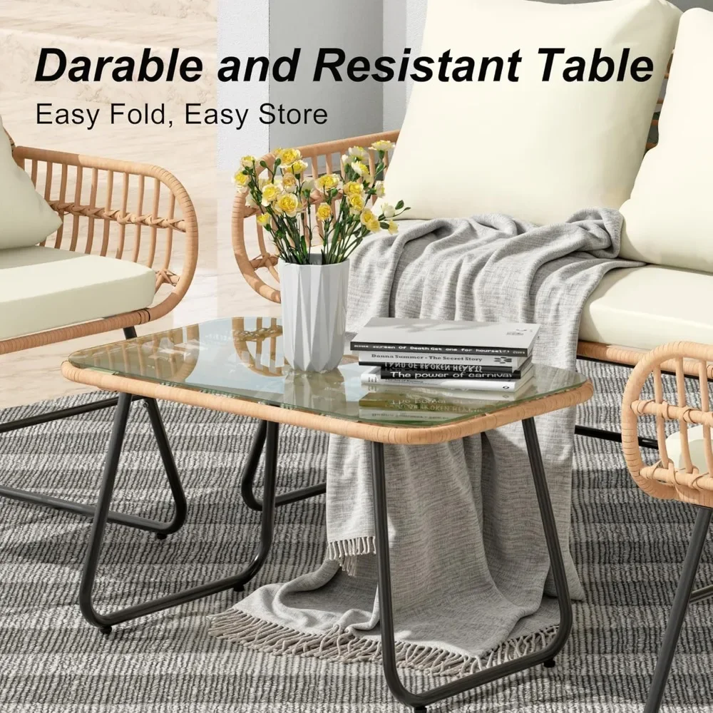 

4-piece Outdoor Terrace Furniture Set with Cushions and Tempered Glass Table, All-weather Rattan Bar Tavern