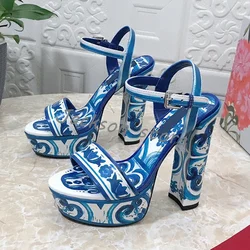 Retro Women's Printed Mixed Colors Sandals 2024 New Platform Super High Heel Totem Dress Shoes Banquet Buckle Female Pumps 15cm