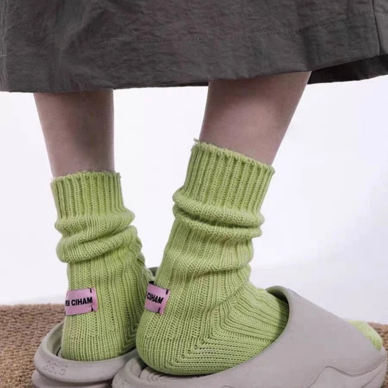 Winter Women's Solid Color High Knit Socks Korean Style School Girls Long Socks for Snow Boots Basic Daily Wear