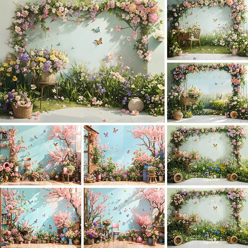 

WPFSGE Spring Cherry Blossom Flowerpot Butterfly Blue Wall Photography Backdrop Ambience Photo Background Props Studio Photocall