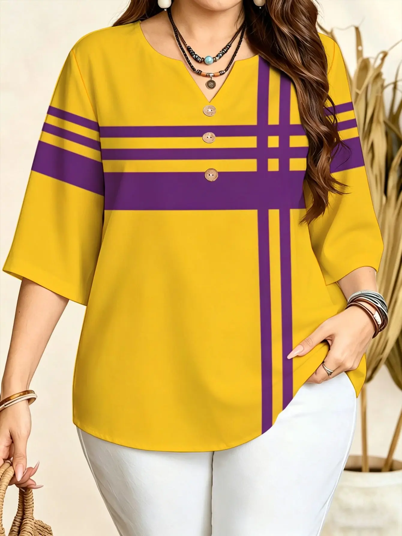 5 Colors Cross Plaid Striped Blouses Notch V Neck 3/4 Sleeve Loose Plus Size Women Casual Tops