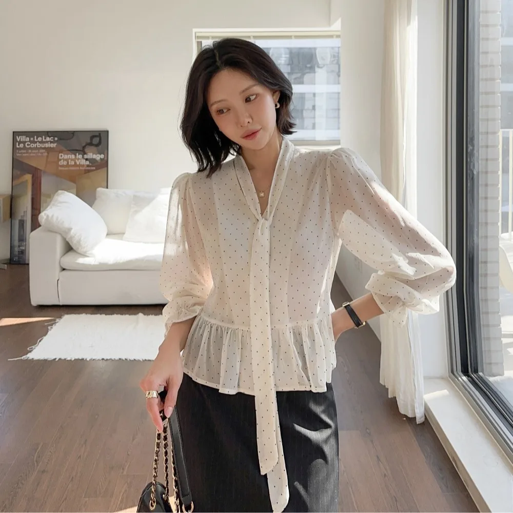

Spring New Polka Dot Color Anti Aging Stylish Retro Sash Knot V Neck Long Sleeve Semi See through Chiffon Blouse