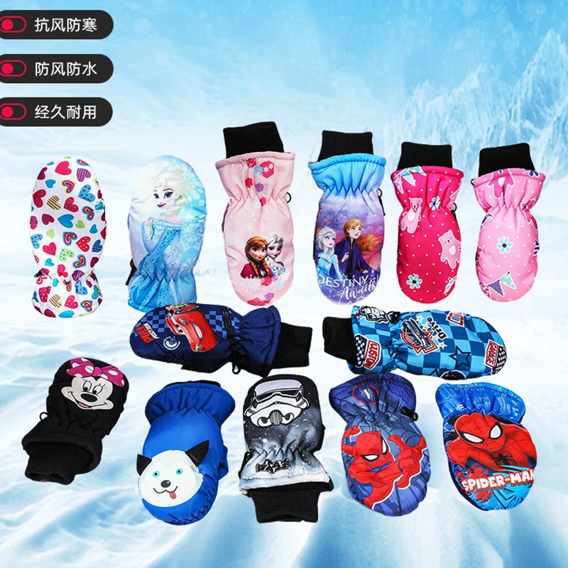 

Winter Children Warm Glove Baby Boy Cartoon Spiderman Frozen Elsa Minnie Print Kid Girl Play Snow Ride Waterproof Skiing Mittens