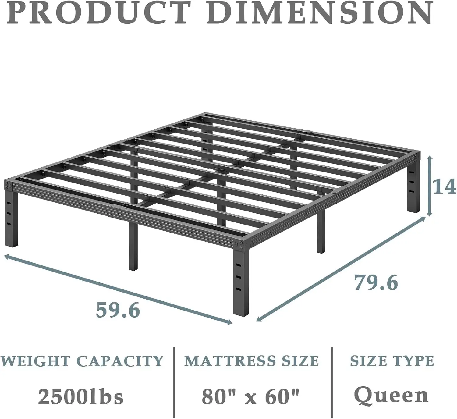 Bed-Frame-Queen, 14 Inch Metal Platform Bed-Frame No Box Spring Needed, Heavy Duty, Easy Assembly, Noise Free, Black