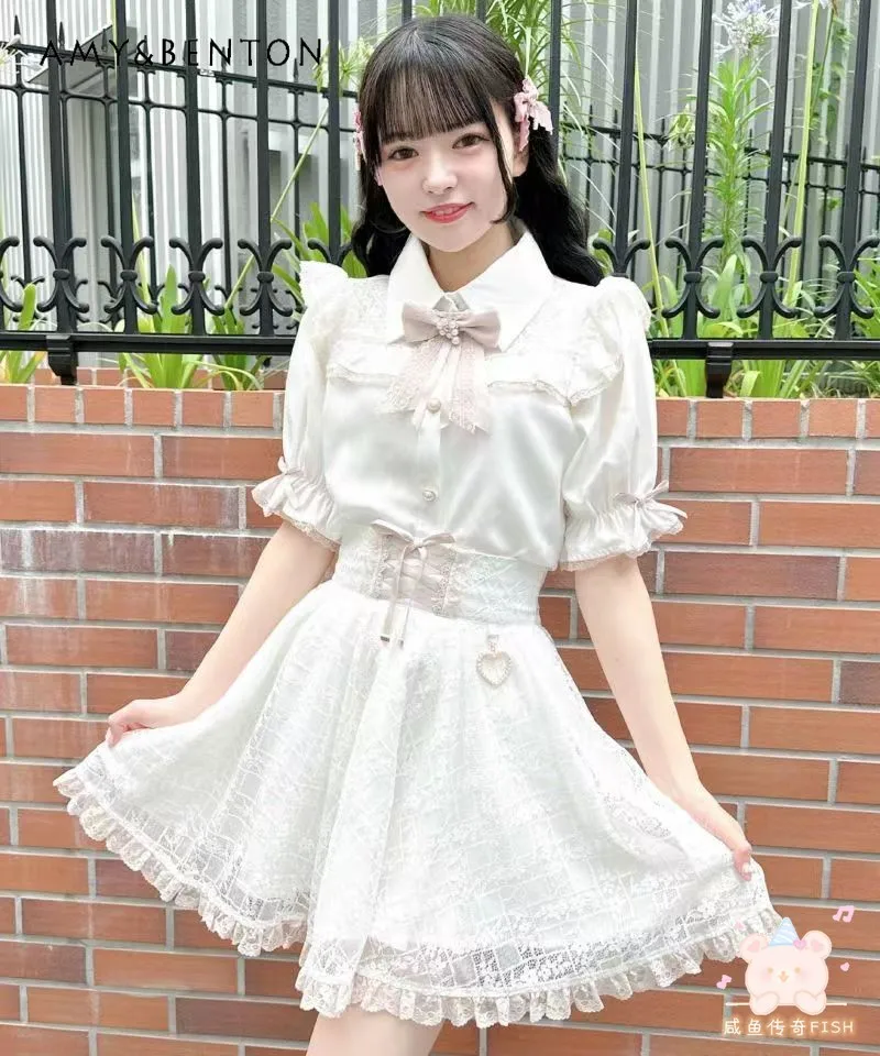 

Customized Rojita Autumn Shirt Top Women's Sweet Lace Bow Blouse Sweet Lolita Mine Mass-Produced Short Sleeve Blusas Summer 2023