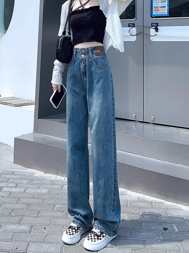 

High Waist Wide Leg Fleece Lined Denim Jeans Women's Spring Autumn Slimming Loose Fit Floor Length Straight Cut Jeans