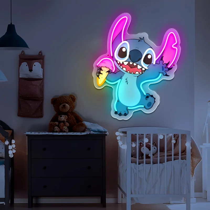 Enseigne néon LED Disney Stitch avec crème glacée pour chambre d'enfant, décoration murale de dessin animé, cadeau créant une ambiance joyeuse et amusante