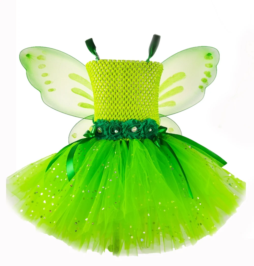 Girls Green Glitter Fairy Dress Kids Butterfly Flower Tutu Dresses with Wing and Stick Hairbow Children Christmas Party Costumes