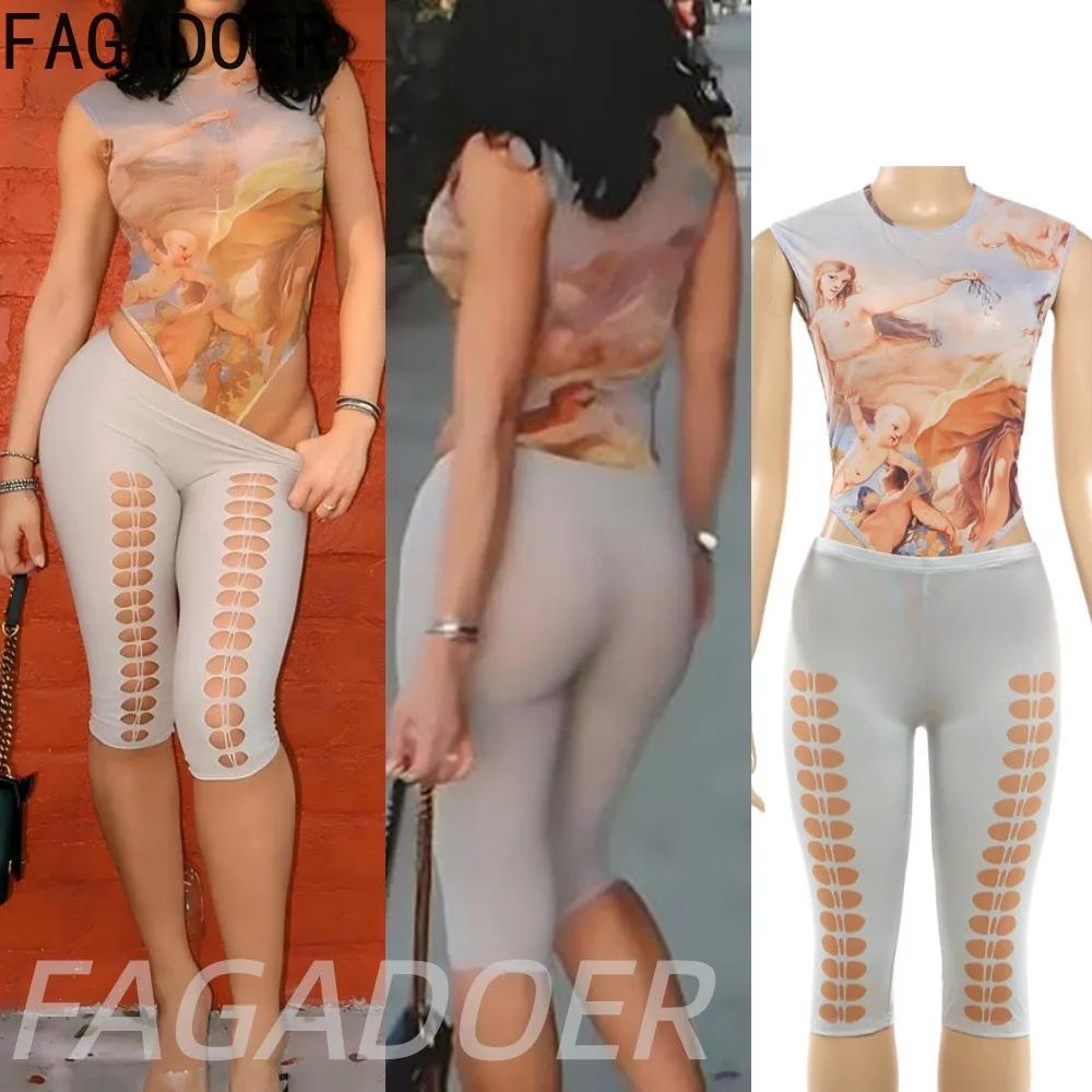 

Комплект из двух предметов FAGADOER с принтом в стиле Y2K: модный топ-боди и облегающие брюки до колен, сексуальные прозрачные наряды