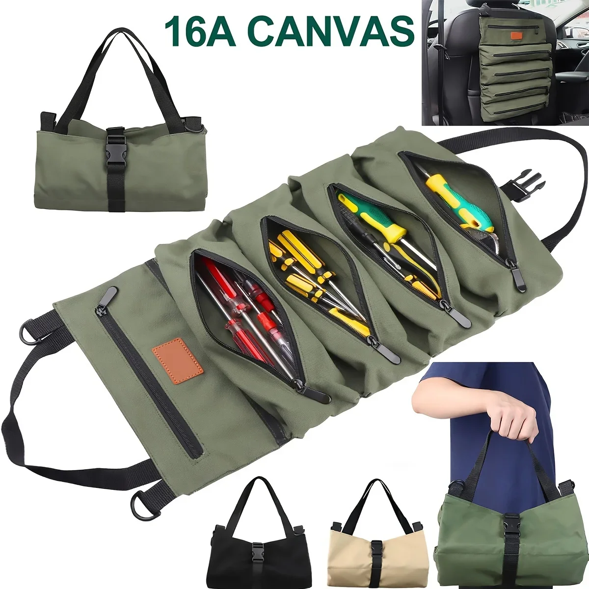 Roll,Canvas Tool Organizer Bucket,Car First Aid Kit Wrap Roll Storage Case