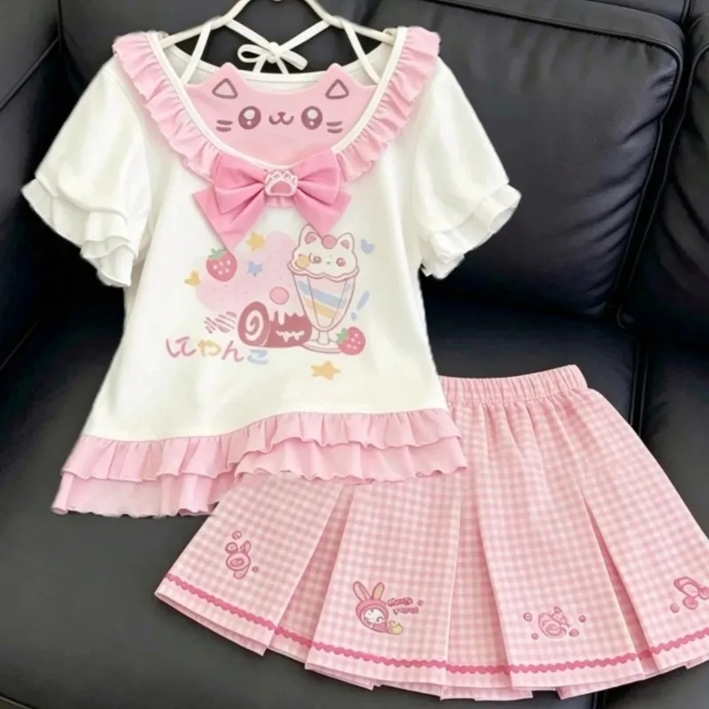 Japanese Pink and White Cute Skirt Set Women with Bow Pom-Pom Detail and Animal Print Sweet Spring Set for Casual Wear 2025 image 6