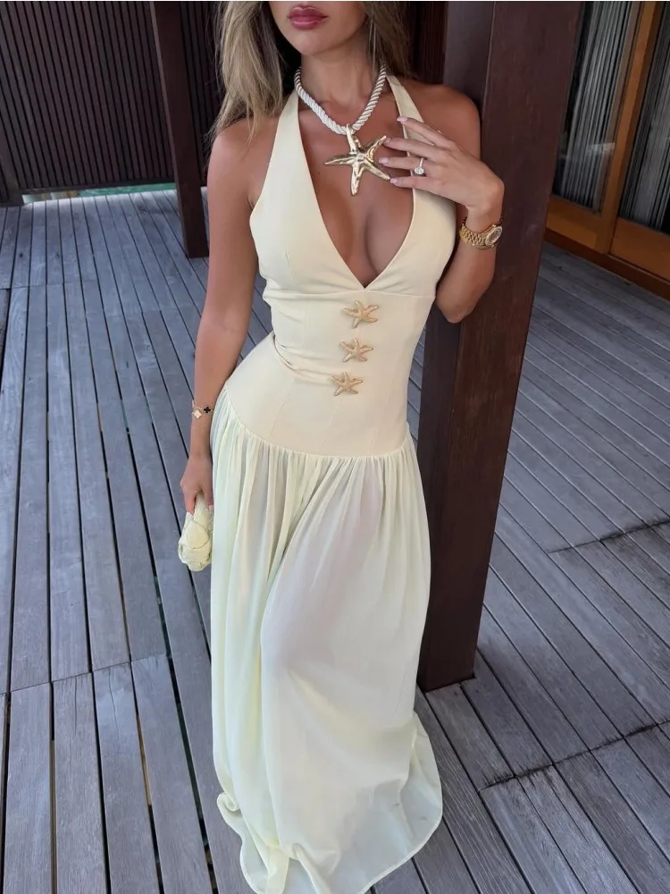

Starfish Halter Back Strap Dress Hanging Neck Waist Cinching Mesh Perspective Women Pleated Beach Long Dresses Slim Fit Robes