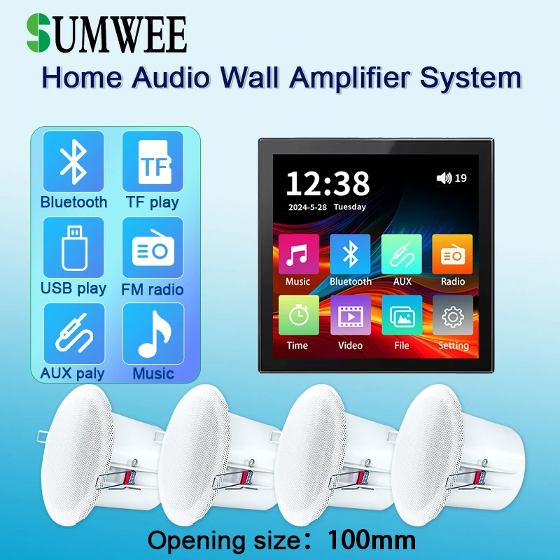 

4 inch touch screen home audio wall amplifier Bluetooths sound controls panel TF Background music player system ceiling speakers