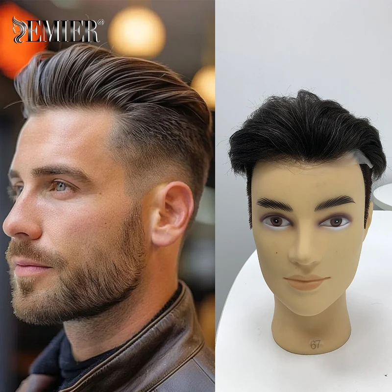 

Customized Pre Styled Toupee For Men Thin Pu Capillary Prosthesis Human Hair Replacement System HairPiece V Looped Hair Unit