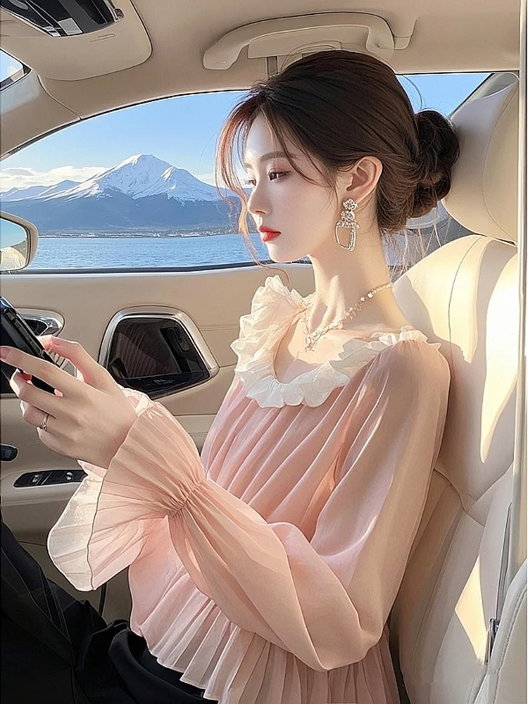 2025 Lente Zomer Nieuwe Vintage Patchwork Chiffon Blouse Damesmode Geplooide Flare Mouwen Dames Zoete Tops T-shirt