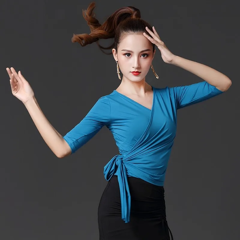 Latin Dance Practice Clothes Short-sleeved Tops Female Adult Summer Modern Dance Solid Color Lace-up Tee Dancing Wear For Girls