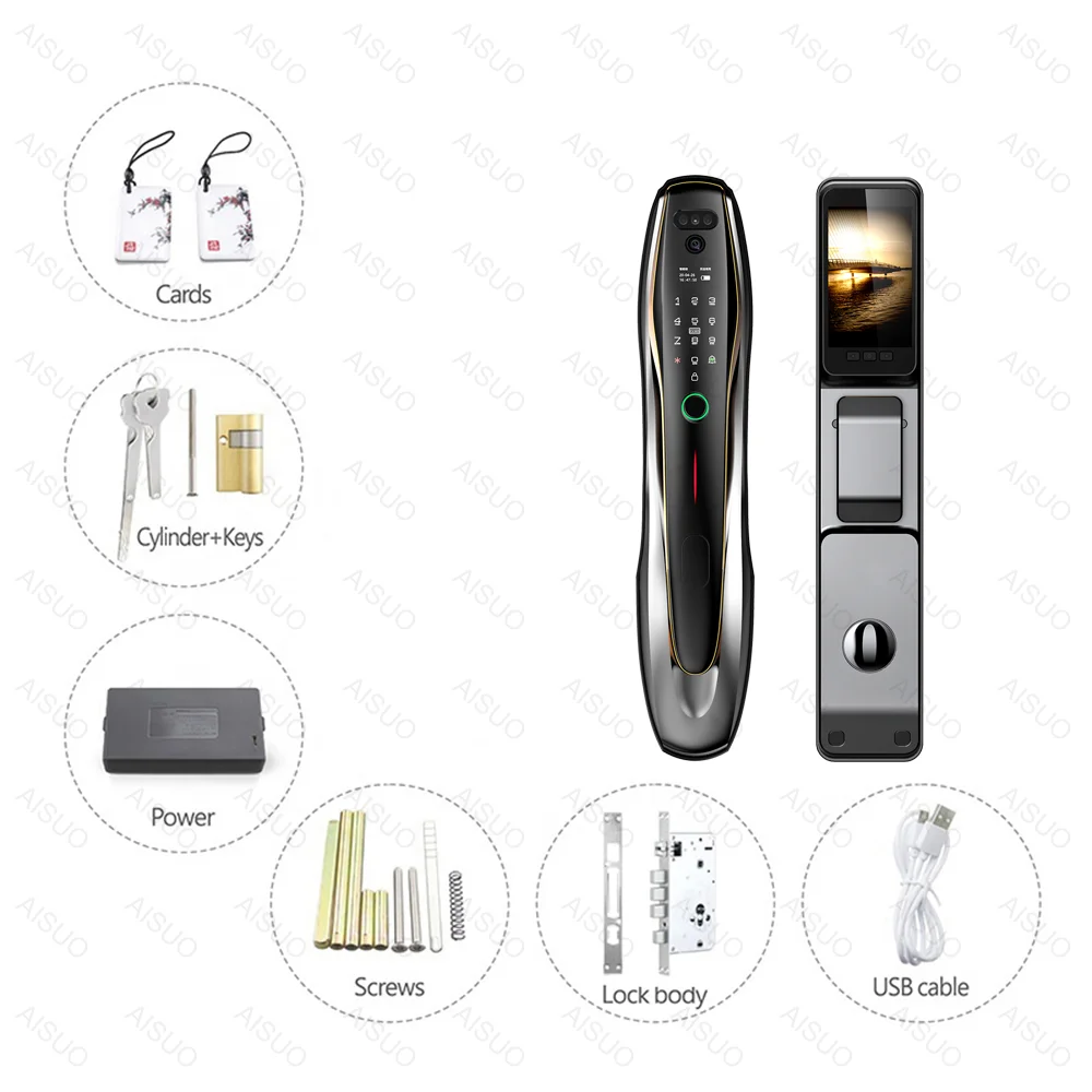 July008 AISUO Tuya Wifi Videocitofono Palmar Vein Smart Door Lock Camera Key Card Porte in legno di alluminio Riconoscimento facciale Smart Lo