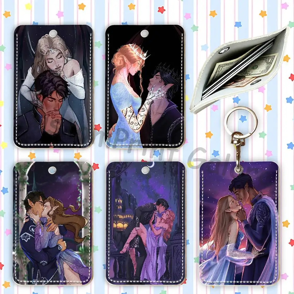 A-ACOTAR A C-Court of T-Thorns and R-Roses Leather Card Holder Pouch Keychain Coin Purse Rectangle ID Card Case Textured Pattern