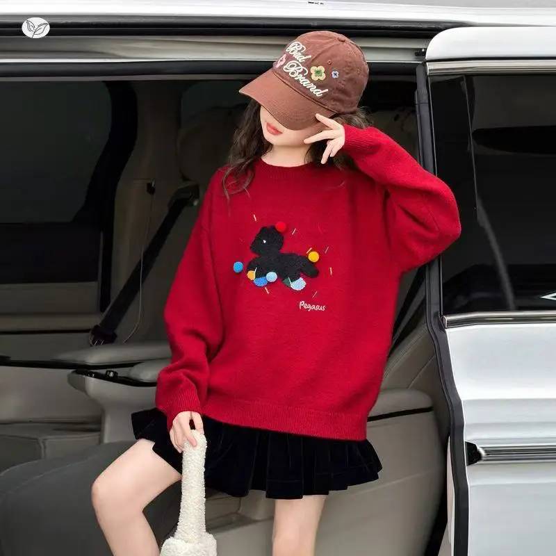

Kids Red Knit Sweater for Girls Warm Thickened Winter Pullover Fashion Pony Design 2026 New Year Outfit 120-170cm