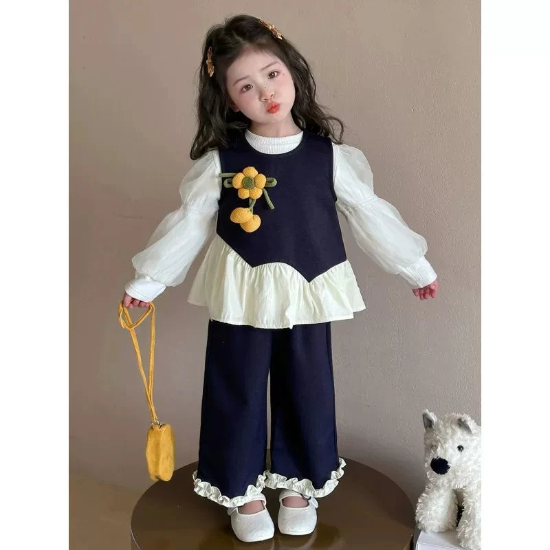 Girls Set 2026 Autumn Winter New Girl Baby Princess Vest Lace Pants Base Shirt Three Piece Set