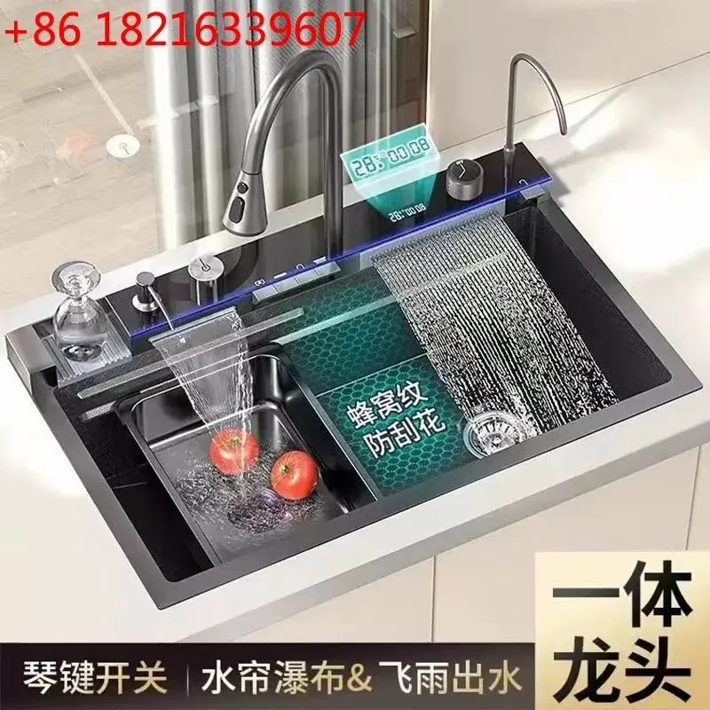 Thickened vegetable washing 304 piano honeycomb kitchen digital display single slot waterfall nano stainless steel