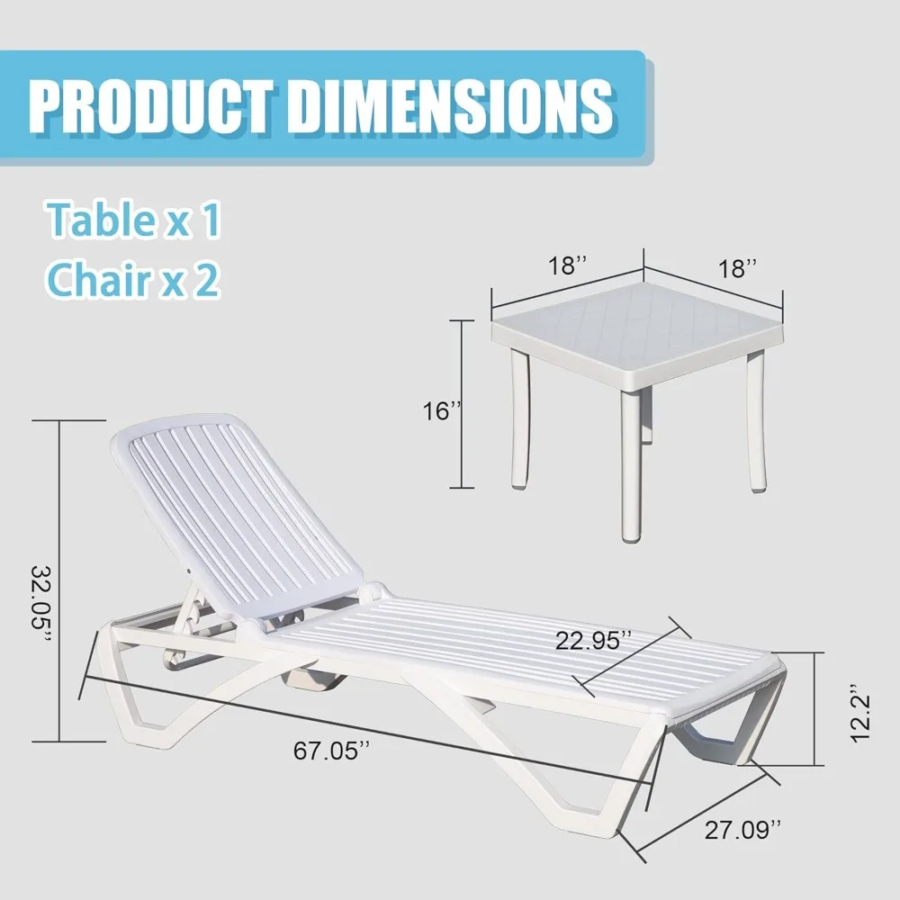 Patio Chaise Lounge Set of 3, Lounge Chair, Adjustable Reclining Lounger, Stackable Tanning Lounge Chair w/Wheels, Side Table