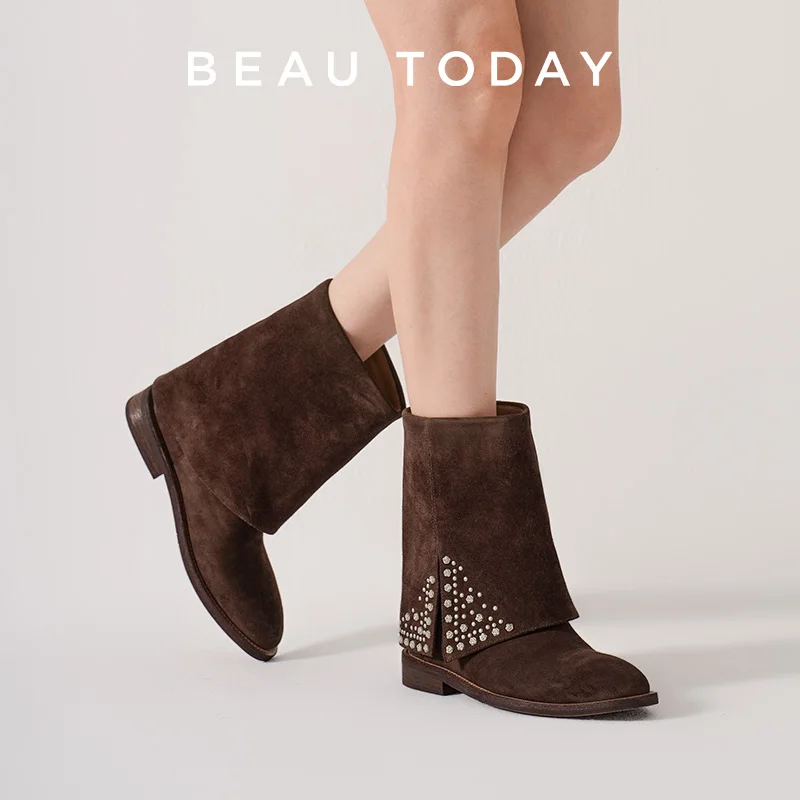 

BEAUTODAY Cowboy Boots Women Cow Suede Leather Tube Booties Rivet Decoration Round Toe Flat Heel Ladies Mid-Calf Shoes 03174