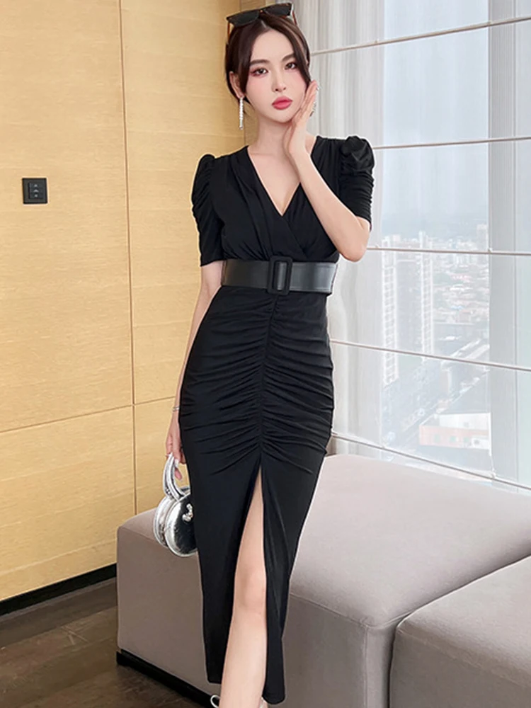 French Women Evening Dress Temperament Retro Formal Folds Short Sleeve Slim Midi Party Club Gown Robe Femme Mujer Vestido Fiesta